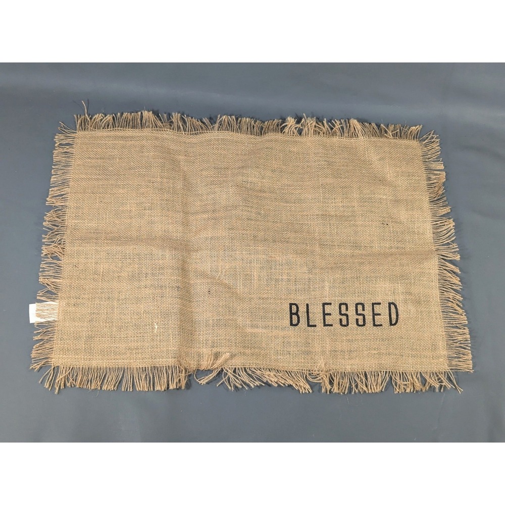 Burlap Blessed Placemats Set of 2 Fringed Edge Tan Jute Farmhouse Decor
